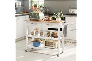 COSTWAY Drewniany wózek kuchenny, szafka kuchenna na kółkach, wózek z blatem roboczym, 2 szuflady, 2 otwarte półki i wieszak na ręczniki, wózek do serwowania do jadalni i kuchni, 116 x 43 x 89 cm