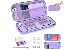 YK YOUNIK Younik Switch Case for Switch 2017, Portable Switch Carrying Case, 14 in 1 Accessories Kit with Switch Case, Cover, Screen Protector, Thumb Grip Cap, Game Card Case and Strap (Purple, Button Pattern)