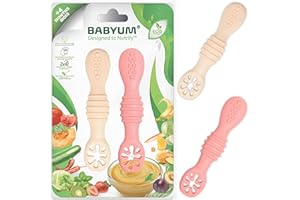 BABYUM® Pack 2 Pré Cuillères d'Apprentissage pour Enfants et Bébés 1er, 2eme Age (+4 /+6/+12 mois) - Ideal Diversification Alimentaire DME BLW - Vaisselle et Couvert Ergonomique (Rose & Pêche)