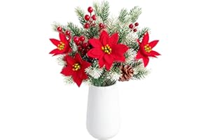 LuckyCao 6 Stück Künstliche Tannenzweige mit weihnachtsstern Kunstblumen Roten Beeren Und Tannenzapfen Weihnachten deko Blumen wie echt Weihnachtsblumen zweige für innen Außen Tisch adventskranz deko