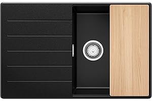 PRIMAGRAN Lavello da Cucina Nero 78x50cm, Lavandino in Granito a 1 vasca + Sifone Classico + Tagliere, Lavabo Incasso al mobile 50cm - Copenhagen S034