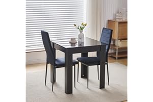 NICEME Compact Dining Table and 2 Chairs, Small Dining Room Set for 2 Seater Kitchen Table with Chairs for Small Space Saving, Glossing Tabletop 75x75 cm (Black Table, 2 Seats, Velvet Black #1)