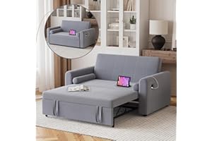 Hello-5ive 2 Seater Sofa Bed, 3 in 1 Convertible Corner Sofa Bed with USB & Type-C Ports, Pull Out Linen Double Sleeper Chair with Pocket and Adjustable Backrest for Living Room, Dark Grey