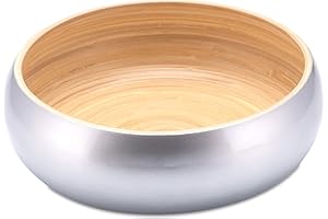 Decorasian Ciotola in legno di bambù, grande e rotonda, per frutta e panini, ciotola decorativa di alta qualità, laccata lucida, argento