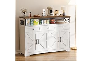 BonVache Sideboard, Küchenschrank mit Schubladen, Aufbewahrungsschrank, Anrichte mit Offenem Regal, Kaffeebar Schrank für Küche, Esszimmer, Wohnzimmer, 130 x 35 x 95cm, Weiß