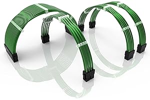 LINKUP - 30cm Câble d’Extension PSU w/Manchon | Conception Personnalisable l’Alimentation GPU| Tressés w/Kit Peignes pour Câbles | 1x24P(20+4)| 1x8P(4+4) CPU| 2x8P(6+2) GPU Set| 300mm Vert Métallique