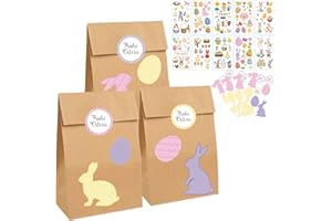 BINXWA Ostertüten Zum Befüllen, 12-DIY Papiertüten ostern, geschenktüten ostern mit 36 dekorative Aufkleber und 10 Tattoo-Aufkleber für Kind