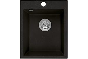 Manestein Spülbecken, Küchenspüle aus Granit, Einbauspüle, Einzelbecken mit Siphon, Fleckenbeständig und Pflegeleicht, 80% Quarzsand, 1 Becken, 48 x 39 cm, Graphit - Schwarz Gesprenkelt