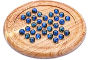 Ajuny Juego de Solitario de Madera 23 cm con 33 Canicas Azules – Tablero Redondo Clásico Hecho a Mano, Juego de Lógica y Estrategia para Adultos y Niños, Decoración de Mesa y Regalo