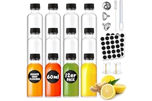 volila Shot Flaschen zum Befüllen - 12 x 60 ml Mini Glasflaschen - Kleine Flaschen zum Befüllen mit Saft, Likör & Ingwer - Shotgläser mit Deckel, Reinigungsbürste, Stift, Trichter & Etiketten