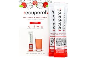 Recuperol Rehydration & Recovery Electrolytes Powder Supplement for Dehydration, 6 Sachets, Replace Mineral Salts & Fluids, Zinc, Vitamin C, B12, D3, Potassium, Natural Cherry Flavour