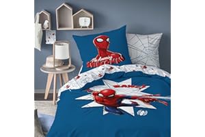 OMYDREAM Spiderman Home Jumping Parure de lit Enfant | 100% Coton | Oeko-TEX | Housse de Couette 140x200 cm + Taie d'oreiller 63x63 cm | Imprimé Garçon | Bleu