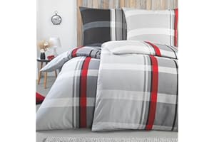‎BASATEX BaSaTex Feinbiber Winter Bettwäsche warme und kuschelige Bettgarnitur und Kissenbezug 4teilig 2X 135x200 +2X 80x80 cm | 100% Baumwolle | Jack - Anthrazit Grau Rot