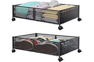 PHINOX Lot de 2 boîtes de rangement sous le lit avec roulettes, tiroir de rangement à chaussures sous le lit, assemblage sans outils, boîtes de rangement sous le lit en métal pour chambre à coucher,