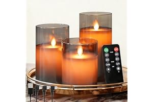 NICE POINT Bougie sans flamme LED, bougie en cire véritable rechargeable avec télécommande et minuterie, bougies électroniques en verre gris clair pour la décoration d'intérieur, lot de 3
