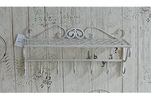 EURONOVITÀ SRL Euronovità EN-222234 Mensola con 7 Appendini Stile Shabby in Ferro Battuto colore Panna. H 24 X 50 X 20 Cm