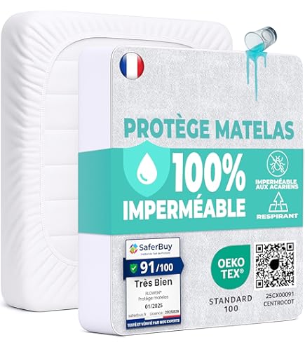 Protège-Matelas Coton Blanc 90x190 Cm - Bonnet 25 Cm - Hypoallergénique Et Respirant - Marque STOF - Qualité Française