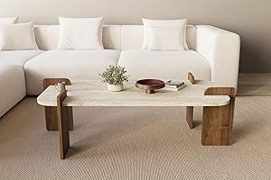 ‎MOEBEL17 moebel17 Couchtisch Twinkle Travertin Braun Granit Optik, Moderner Sofatisch, Tisch fürs Wohnzimmer aus Holz, Ablagefächer, Stauraum mit Tür, Designer 93342