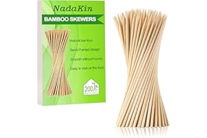 NADAKIN 200 PCS Natural Bamboo Skewers Sticks, 25 CM Wooden Skewer for BBQ Appetizers Fruit Kebabs Grilling Barbecue Mini Burger Sausage Kabob Chocolate Fountain Candy, Cocktail Picks for Drinks Toothpicks