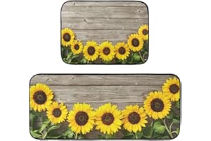 MNSRUU 2 Pieces Kitchen Rug Set,Sunflowers on Wooden Board VintageKitchen Mat Non Slip Washable Hallway Runner Decor for Kitchen Floor Mat