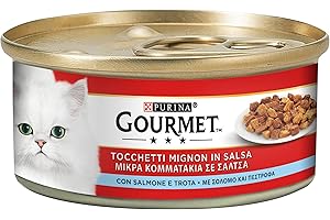 GOURMET Rosso Cibo Umido per Gatti Adulti Tocchetti Mignon in Salsa con Salmone e Trota 24 Lattine da 195g