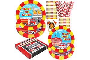 BOIKOKY 120 Pezzi Decorazioni per Feste di Compleanno a Tema Firetruck, Articoli per Feste a Tema Firefighter, Stoviglie Monouso | Per 24