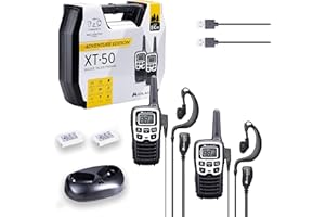 Midland - Walkie Talkie Profesional XT50, 2 Radios para Actividades al Aire Libre y Obras, 24 Canales PMR446 Sin Licencia, 38 Tonos CTCSS, Alcance 8Km, Cable USB Carga Rápida Incluido, Autonomía 12H