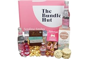 Pink Gin Gift Set Birthday Hamper for Women from The Bundle Hut - Includes 2 Pink Gins, 2 Tonics, Lindt Chocolates, Fudge, Popcorn & Biscuits - Gin Gifts for Women, Hamper for Her