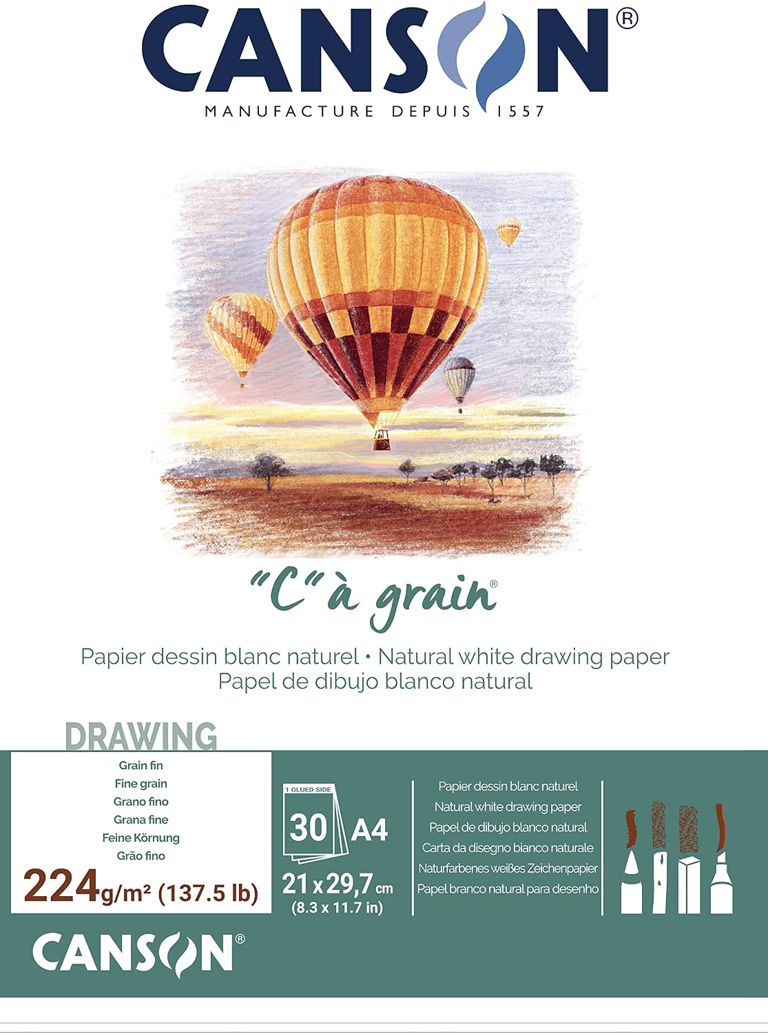CANSON "C" à Grain - Bloc 30 feuilles de papier dessin - Grain fin - A4-224g/m² - Blanc naturel