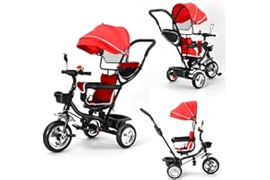 XUANYU Tricycle Enfant Évolutif avec Siège Réversible Tricycle Vélo Enfant avec Espace Rangement Pare-Soleil Canne Télescopique et Pédales Amovibles Tricycle à Pousser pour Filles/Garçons, Rouge-Noir
