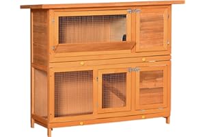 PawHut Conigliera da Esterno in Legno con Rampa e Casetta a 2 Piani, Casetta Gabbia per Conigli e Porcellini d'India, Animali Piccoli, 122x48x100 cm
