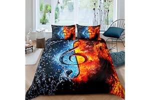 LOUSSIESD Musik unter dem Motto Bettbezug Set Wasserflamme Musik Note Drucken Betten Set Luxus Musikmuster Bettwäsche Set 200x200cm für Kinder Jungen Mädchen Frauen Schlafzimmer Dekor Hipster Stil