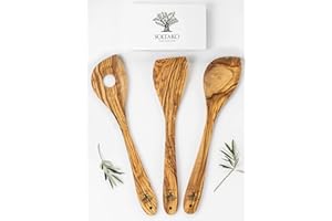 SOLTAKO Utensilios de cocina de madera de olivo, juego de 3 espátulas de cocina, paleta, cuchara, servidor de pasteles, madera antiadherente, resistente al calor, aprox. 30 cm