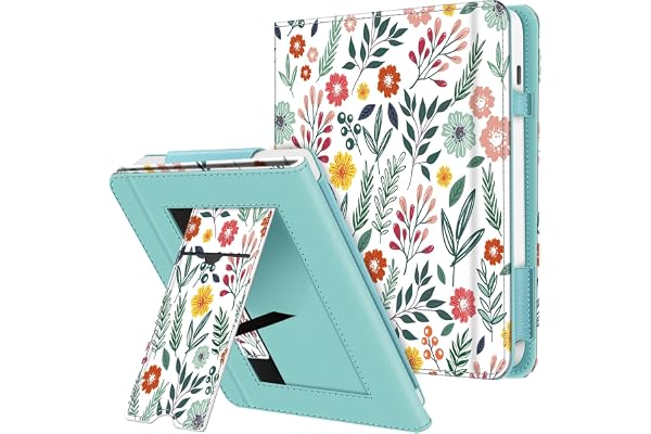FINTIE Étui Compatible avec 7" Kobo Libra Colour 2024 / Kobo Libra 2 2021 (Modèle: N428 / N418), Coque Liseuse avec Béquille et Fente pour Carte et Dragonne, Fleur Printanière