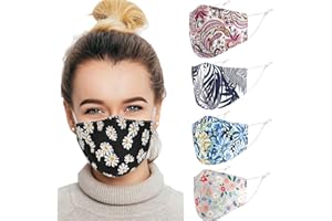 ecotru 5 Pack 100% Cotton, Reusable Face Masks UK | Washable, Nose Wire for Glass Wearers, 3-Ply Fabric Mask, Filter Pocket & Adjustable Straps | Pretty Facemask Coverings