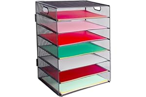 HMXLJJY 7 Tier Office Desk A4 Paper Letter Organiser Tray with Handle,Mesh Desk Organiser Letter Tray,Desktop Filing Document Trays Holders,File Storage Rack for A4 File Folder, Black
