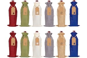 JOISHOP 12pcs Burlap Wine Gift Bags, 6 Colors Christmas Jute Wine Bottle Covers with Drawstring Reusable Wine Bottle Bags with Tags and Rope for Xmas Wedding Birthday Party Home Storage