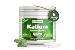 ‎GREENFOOD Kalium, hochdosiert, 250mg - 360 Tabletten, vegan. Hochwertiges Kaliumcitrat - wichtig für Nervensystem, Muskelfunktion & Blutdruck. OHNE künstliche Zusätze - laborgeprüft. Von Greenfood.