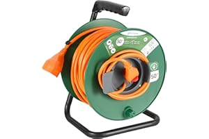 Electraline 49233 Prolunga Giardino con Avvolgicavo 50 mt Spina 16A e Presa Polivalente, Verde/Arancione