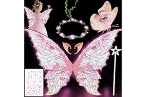 YEAHBOOM Ailes de Fée Lumineuses à Led, Ailes de Papillon Avec Oreilles d'Elfe, Bandeau de Fée à Led Et Baguettes de Fée Étoile, Ailes de Papillon, Ailes de Princesse, Costume d'Aile pour Carnaval ou Soirées