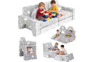 REBONIQUE Kids Sofa Bed, 10-Piece Modular Toddler Chair Couch for Kid,Kids Play Sofa,Children Chairs Lounger Fold Out,2 Seater Baby Armchair Couch for Bedroom Playroom,Children Sofa Bed for Girls Boys (Grey)