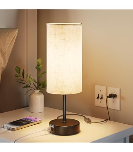 2 PACK | 40W E14 | TOUCH DIMMABLE Tafellamp Licht | Moderne Ronde Antieke Messing Metalen Basis & Taupe Katoenen Schaduw | Slaapkamer Nachtkastje Dressoir Kantoor Bureau Leestaak Verlichting | Dimmen