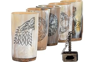 FENRIR Viking - Juego de 5 tazas de cuerno de buey 100 % auténticos, vasos de cuerno de buey naturales | Vaso único fresco de 10 onzas, vaso medieval hecho a mano para cerveza, aguamiel, regalo de