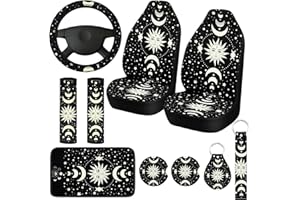 Fiada 10 Pcs Moon Star Car Seat Covers Full Set Car Accessories for Women Front Seat Cover Steering Wheel Armrest Cover Belt Cover Cup Holder for Auto SUV Interior Decoration(Witch)