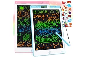 Tesmien 2 Pack LCD Writing Tablet for Kids, 12 inch Colorful Doodle Board Drawing Tablet Board Scribbler Drawing Pads Learning Toys for 3 4 5 6 7 Girls Boys, Free Cartoon Stickers (Blue+Pink)