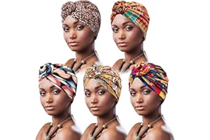 DRESHOW 5 Pezzi Donna Africana Turbante Sciarpa Avvolge Testa Boho Turbante Elastico Annodato Berretto Pre-annodato Berretto Chemio Cappello