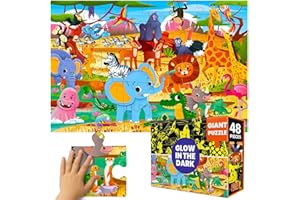 QUOKKA Floor Puzzles For 3 4 Year Olds - 48 Large Pieces Jigsaw Puzzles For Kids - Glow in The Dark Jigsaws For Children Age 4 5 - African Animal Safari Scene - Fun Learning Game Toy with Gift Box