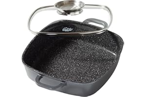 STONELINE Casseruola Quadrata 24 cm, Tegame 2 Manici Coperchio Salva-Aroma Alluminio Pressofuso, Rivestimento Antiaderente con Vere Particelle di Pietra, A Induzione Forno Tutti i Piani, Grigio