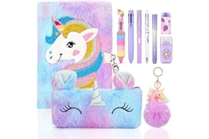 TOYESS Diario Segreto con Lucchetto, Diario Segreto Bambina con Unicorno di Peluche, Astuccio di Peluche, Ciondolo Unicorni, Cancelleria Bambini, Regalo Bambina, Viola