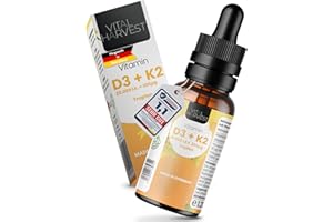 Vital Harvest® Premium Vitamin D3 K2 Tropfen 20.000 IE 30ml | Hochdosiertes D3 & K2 MK-7 | Veganes Vitamin D3 + Vitamin K2 MK7, laborgeprüft in Deutschland hergestellt - ohne Zusatzstoffe